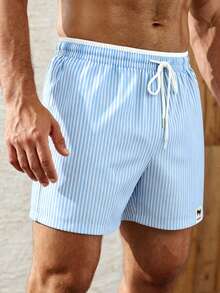 Palasendo Men's Striped Drawstring Waist Beach Shorts For Vacation - Baby Blue - View 3