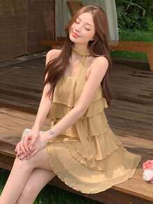 Joudiya 夏季無肩帶上衣式迷你洋裝，休閒音樂節、婚禮、派對、舞會適用，優雅荷葉邊雪紡女款洋裝 - 杏色 - 查看 2