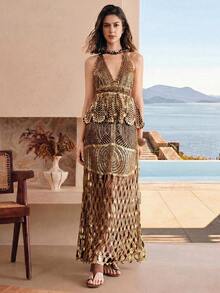 Arave Women's Shiny Party Long Dress, Water-Soluble Gold-Plated Fabric, Luxurious Banquet Style, Spaghetti Strap, Deep V-Neck, Mermaid Tail Long Dress, 2-Piece Set - Gold - View 5