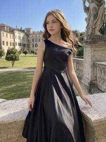 Vestido Preto Assimétrico de Ombro Assimétrico para Meninas, Adequado para Férias, Cerimônia de Formatura, Temporada de Volta às Aulas, Temporada de Casamentos, Participação em Diversos Bailes e Ocasiões Formais - Preto - Visão 1