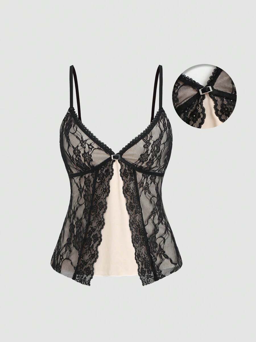 Sweetra Damen Frühling/Herbst Ausgeh-Tops, elegantes süßes sexy elegantes Urlaubs-Stil Spitzen-Design Cami Tank Top - Schwarz - Übersicht 1