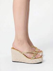 ROMWE Fairycore Ladies' Fashionable Summer Simple Wedge Sandals - Gold - View 5
