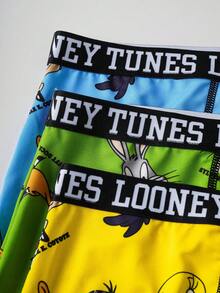 LOONEY TUNES X SHEIN 3 Stücke Herren bequeme, atmungsaktive Unterhosen mit Cartoon-Muster und Schriftzug - Grün - Übersicht 4