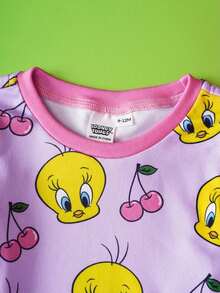 LOONEY TUNES X SHEIN Conjunto de Pijama Ajustado de Camiseta de Manga Longa e Calça com Estampa Fofa de Piu-Piu e Cereja para Menina Bebê - Roxo - Visão 4