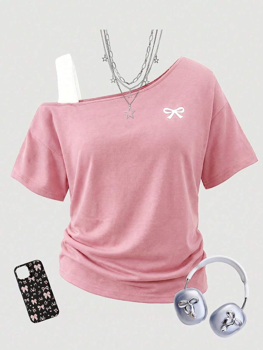 SHEIN Girlism 青少年女孩粉色與白色 T-shirt,2合1設計,蝴蝶結印花,對比色 T-shirt,設計款 T-shirt,不對稱,寬鬆,休閒,青少年女孩,運動風 - 粉色 - 查看 1