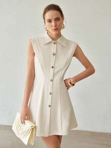 MOTF PREMIUM WOMEN'S SOLID COLOR BUCKLE DECOR SLEEVELESS COMMUTER WHITE SHORT DRESS - Apricot - View 4