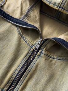ROMWE MEN Atasan Denim Berkerudung Tanpa Lengan dengan Desain Berumbai, Resleting, dan Hem Elastis untuk Pria, Gaya Streetwear - Jahe - View 5