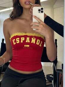 Aloruh Women's Sports Colorblock Bandeau Top Ruffle Print Knit Streetwear Y2k 2000s Disco Red And Yellow Back-To-School Night Out Copa Beach Summer - Green - View 4