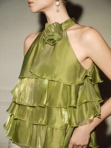 BELROSIE Lily Satin Multi-Layer Ruffle Neckline Handmade 3D Flower Sleeveless Halter Neck Top For Women - Green - View 6