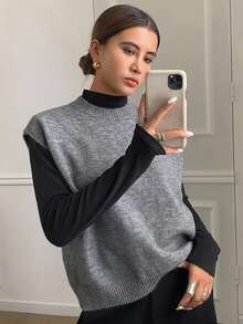 Livesso 女款灰色休閒圓領無袖直腰針織背心，秋季 - 灰色 - 查看 6