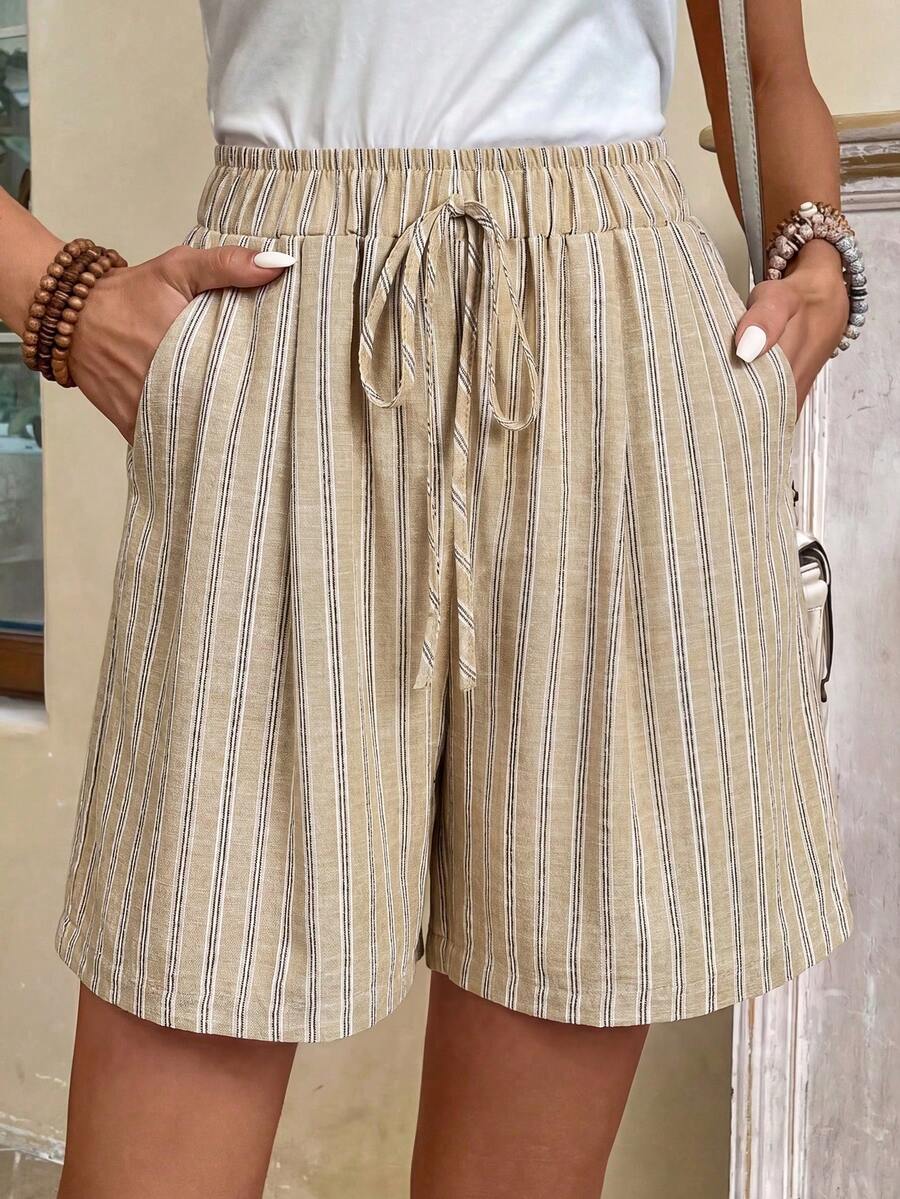 EMERY ROSE Women's Drawstring Waist Beige Colorblock Casual Versatile Daily Outing Shorts Vacation Summer - Khaki - View 1