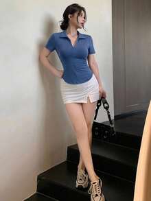 DAZY 夏季藍色 Polo 領休閒度假街頭風女款 T-shirt - 水鴨藍 - 查看 3