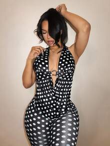 BamGleam Black And White Polka Dot 90s Disco Deep Draped Neck Halter Top And Bermuda Shorts Two Pieces Set Club Party Night Out Summer Sexy - Black - View 5