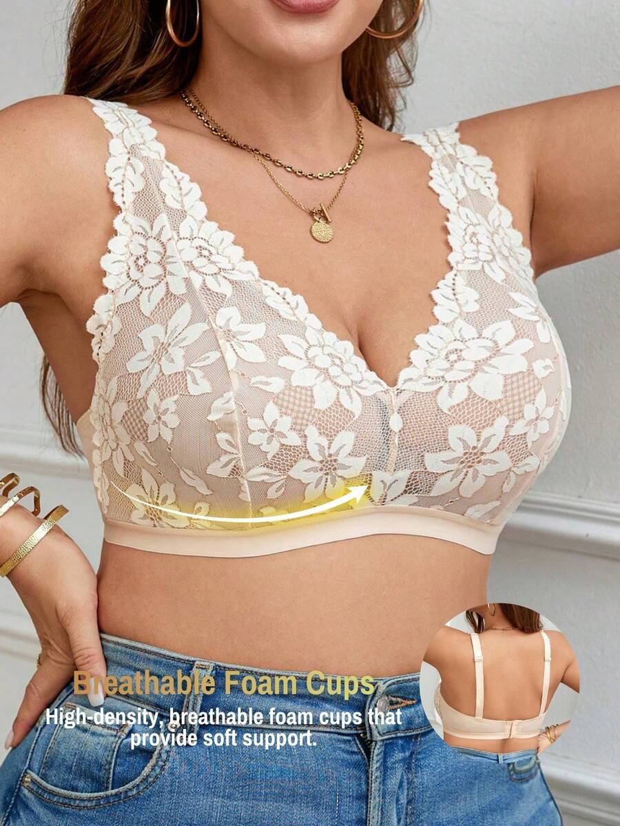 SHEIN 舒适加大码绿色蕾丝性感无钢圈文胸,1 件性感内衣,提升 - 杏色 - 查看 1
