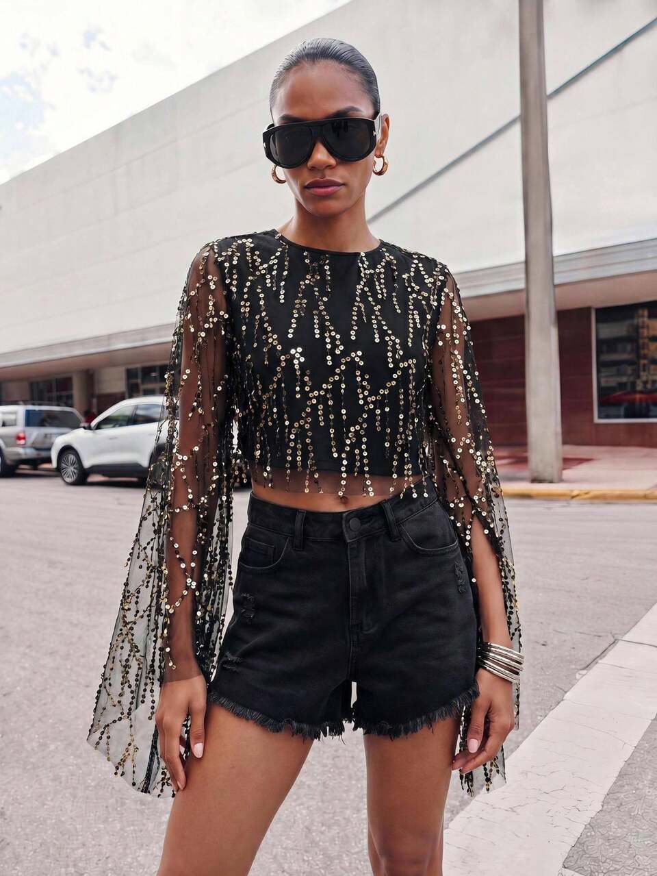 SHEIN Maija Women's Sparkle Black Sequin Top,70s Autumn Mesh Fringe Blouse With Flare Sleeves,Perfect For Party Outfits Summer Holiday Vacation Dress