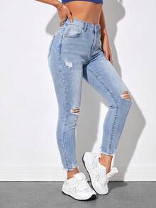 Jeanoix Plus Size Women's Pocket Distressed Skinny Casual Versatile Jeans Formal Light Blue Summer - Blue - View 1