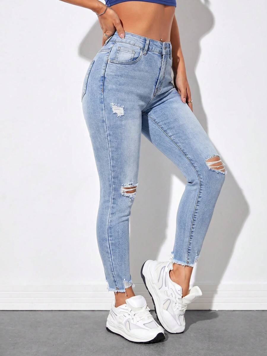 Jeanoix Plus Size Women's Pocket Distressed Skinny Casual Versatile Jeans Formal Light Blue Summer - Blue - View 1