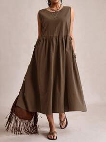 Freevana Plus Size Women Solid Color Round Neck Casual Boho Sleeveless Dress Vacation Brown Summer - Coffee Brown - View 7