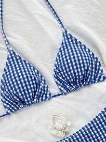 Swim Vcay Women's Summer Blue Tone Fan Print New Sexy Halter Neck Low Waist Triangle Bikini Set - Navy Blue - View 5