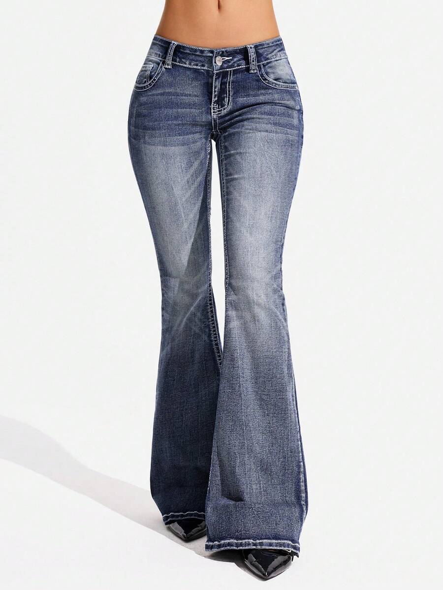 Jeanoix Plus Size Women's Fashionable Casual Y2K Flare Jeans, Versatile - Dark Wash - View 1