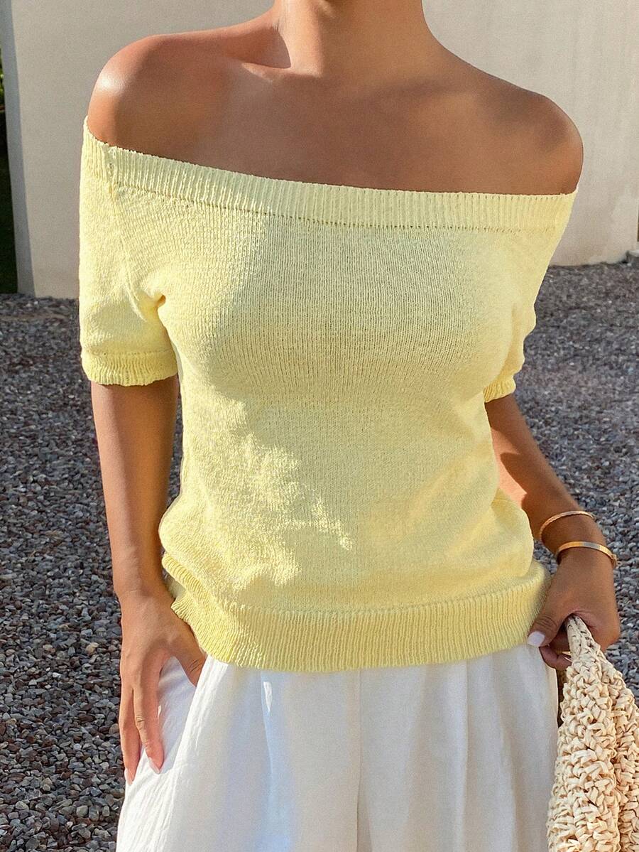 DAZY Striped Polo Collar Short Sleeve Casual Spring Summer Women's Knit Top - Yellow - View 1