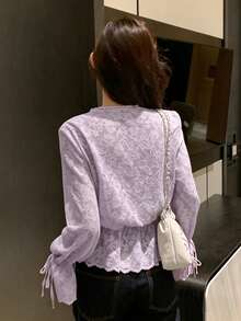 DAZY Women's Solid Color Lace Splice Drawstring Hem Ruffle Tie Elegant Vacation Blouse, Spring/Autumn Long Sleeve - Purple - View 2