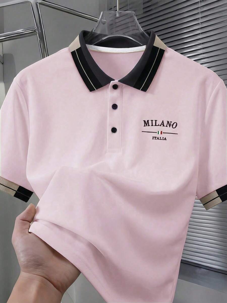 Calvornis 男款珠飾刺繡羅紋領短袖休閒 Polo 衫 - 粉色 - 查看 1