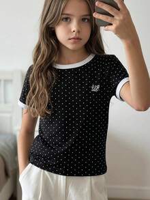 Dazy Kids 波點撞色可愛短袖圓領T恤，適合前青春期女孩夏季穿著 - 黑色 - 查看 2