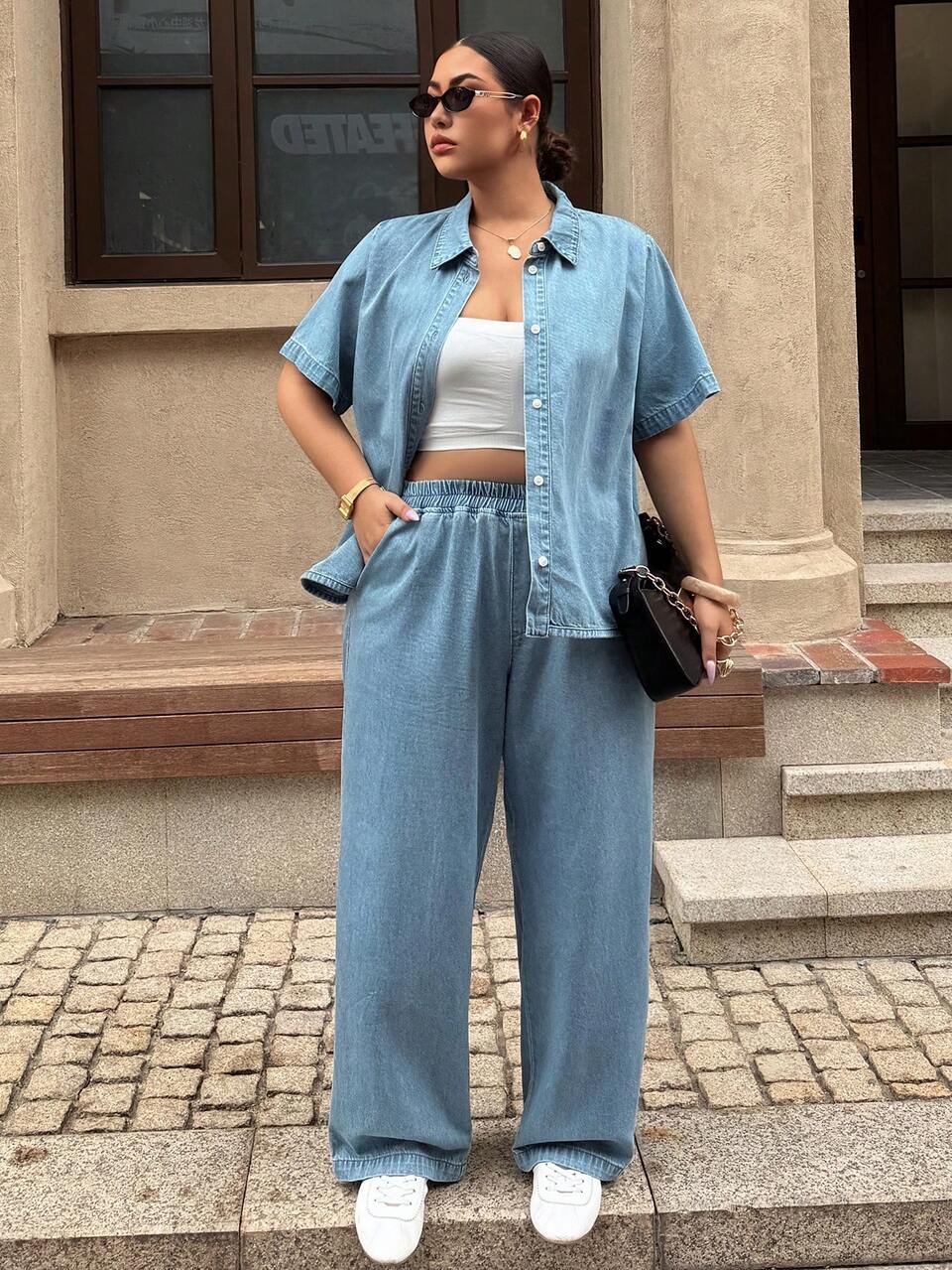 Dazy Plus Summer Collared 3/4 Sleeve Open Front Denim Top And Loose Casual Denim Pants 2 Pieces Set, Unisex Casual Denim Outfit, Plus Size