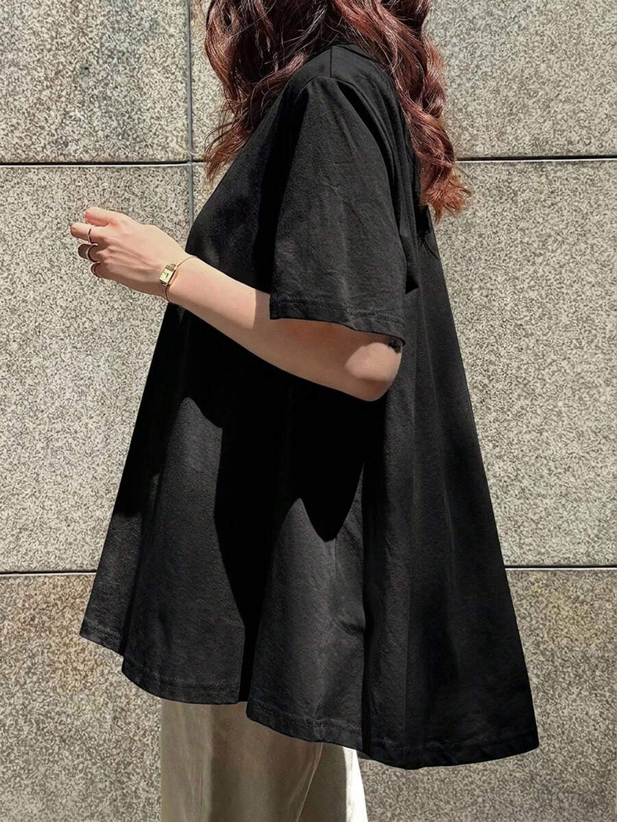 FRIFUL 女款卡其色寬鬆A字版圓領短袖T恤 夏季衣著 大尺寸 - 黑色 - 查看 1