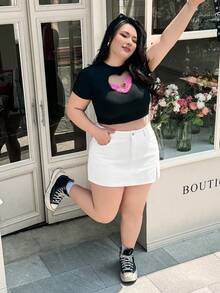 SHEIN ICON 大尺碼女款牛仔裙褲，側開衩下擺附口袋 - 白色 - 查看 6