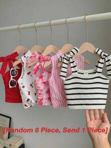 SHEIN [Random 6 Piece, Send 1 Piece]!Surprise Box !!!!Young Girl Solid Color Striped Floral Ruched Casual Tank Top - Black and White - View 10