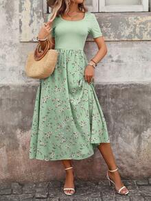 SHEIN Holidaya 女士夏季纯色印花拼接休闲连衣裙 - 綠色 - 查看 6