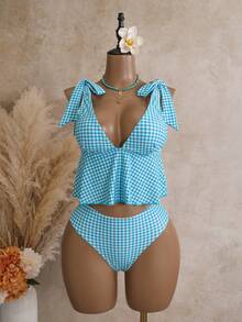 Swim Mod Setelan Baju Renang Pantai Musim Panas 2 Potong Wanita, Atasan Tali Tebal Motif Kotak-kotak Cokelat Kopi dengan Bawahan Bikini Tali Serut Berkerut di Samping - Royal Blue - View 5