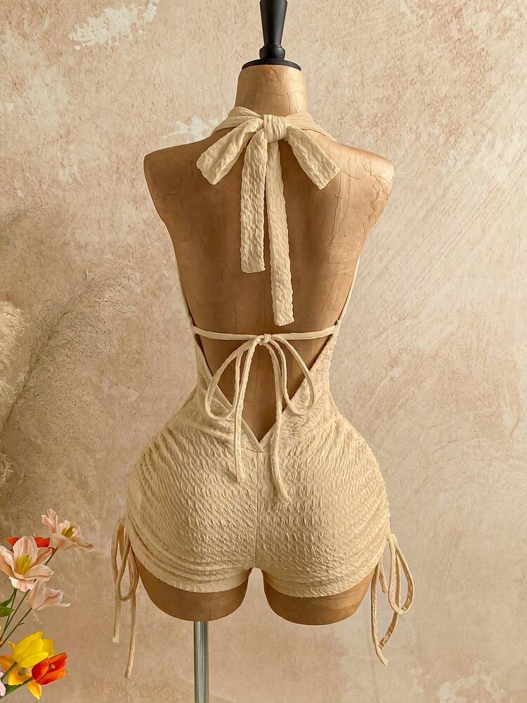 Soleia Women's Sexy Vintage Gradient Print Mesh Jumpsuit With Metal Decor, Multi-Layer Ruffles And Flounce Neckline, Slimming Fashion For Holiday, Party, Date, Valentine's Day, Carnival, Easter, Western, Cruise, Beach, Island, Road Trip, City, Wedding Season, Music Festival, Boho Vacation, Beachwear, Inner Or Outer Wear, All Seasons - Khaki - View 2