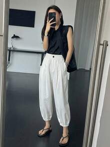 DAZY Women's Solid Color Elastic Waist Business Casual Long Pants - White - View 3