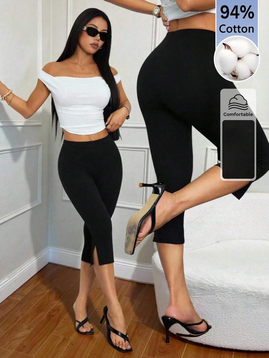 SHEIN PETITE 女款黑色夏季基礎休閒運動修身開衩七分內搭褲，純色運動服，商務休閒教師穿搭，適合嬌小女性