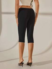 SHEIN Tall 女士经典款 91% 棉黑色针织弹力七分裤打底裤 - 百搭运动时尚夏季海滩度假装，适合春假、波西米亚音乐节和优雅夏季穿着 - 黑色 - 查看 8