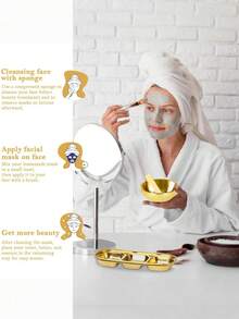 Facial Beauty Skin Care Spa Spa Care Tools Set, Stainless Steel Golden Mixing Mask Bowl, Diy Accessories, Golden Small Tray, Partition Golden Tray, Facial Fan Brush, Mask Applicator Brush, Facial Cleaning Sponge Compression Round - Multicolor - View 2