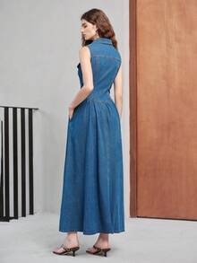 MOTF PREMIUM WOMEN'S DENIM DRESS WITH COLLAR, SLEEVELESS, WAIST-CINCHING, FLARE HEM - Blue - View 6