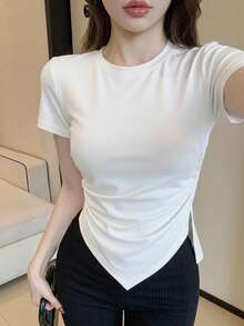 DAZY 春夏白色音樂節休閒街頭戶外不對稱下擺短袖女款T恤 - 白色 - 查看 3