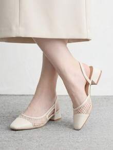 CUCCOO BIZCHIC Women's Shoes Spring And Summer Square Toe Short Thick Heel Rice Apricot Splicing High Heel Shoes - Rice apricot - View 3