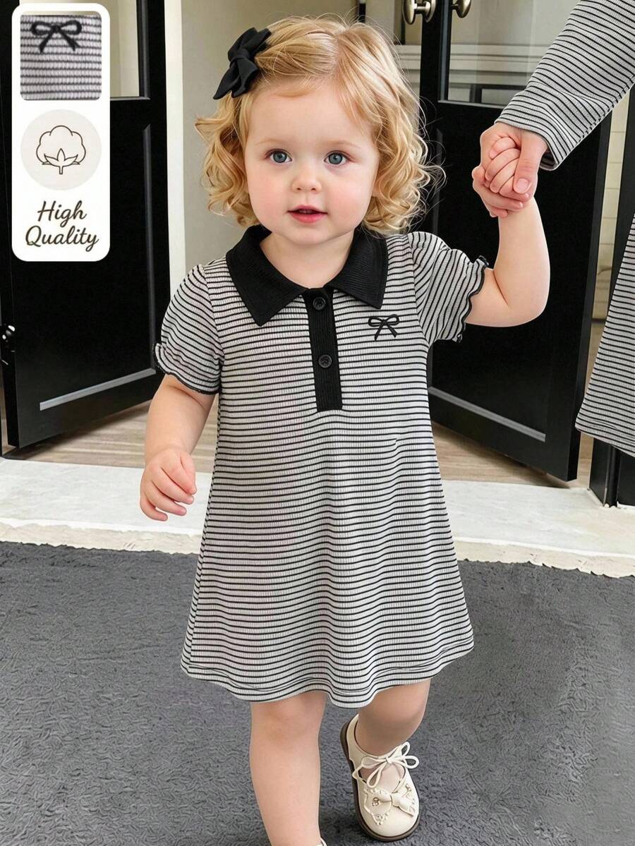 SHEIN 女嬰休閒可愛蝴蝶結刺繡紋理黑白格紋 Polo 領前片裝飾泡泡袖洋裝，適合夏季休閒穿著