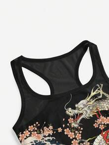 ROMWE Avant 暗黑龐克新中式辣妹虎龍性感透視網紗女款背心上衣 - 黑色 - 查看 3