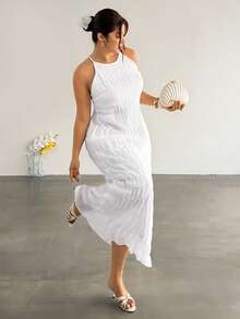 Firerie Plus Size Women's Solid Color Sleeveless Textured Fashion Versatile Elegant Dress Vacation White Summer - White - View 2