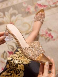 CUCCOO TILAWA Women's Fashion Pointed Crystal Glass Rhinestone High Heels Sandals Party Easter Prom High Heels Christmas Valentine's Day Summer - Champagne - View 2