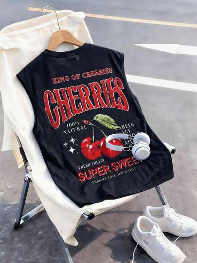 SHEIN Tween Boys Casual Simple Fashion Versatile, Hawaiian Vacation, Cherry Fruit Pattern, Tropical Plants, Vacation Style, Beach Casual, Sports Style Loose Soft Comfortable Crew Neck Tank Top Suitable For Commuting School Daily Casual Outings Suitable For Sports Suitable For Spring And Summer Seasons