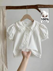 SHEIN 青少年女孩編織素色荷葉邊休閒泡泡袖襯衫 - 白色 - 查看 6