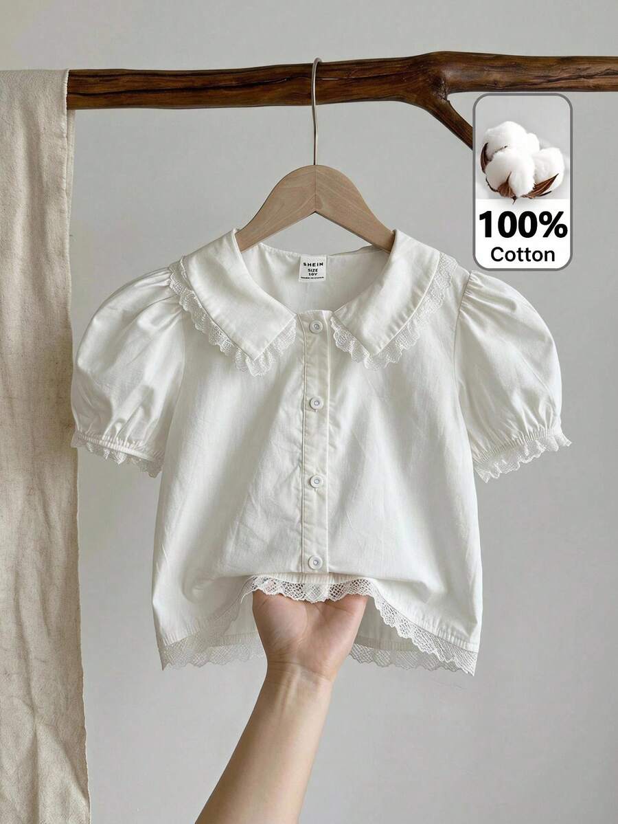 SHEIN Tween Girl Woven Solid Color Ruffle Casual Puff Sleeve Shirt - White - View 1