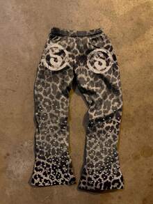 SHEIN Women's Leopard Print Elastic Waist Letter Rhinestone Decor Casual Pants - Multicolor - View 2
